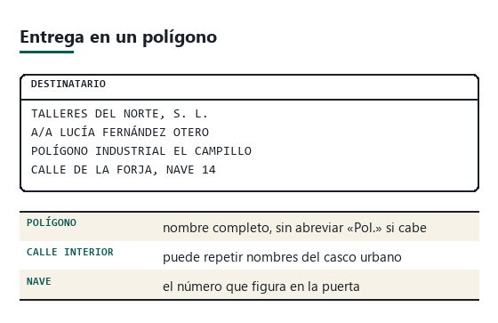 Etiqueta de ejemplo para una nave en un polígono industrial con empresa, persona, polígono, calle y número de nave