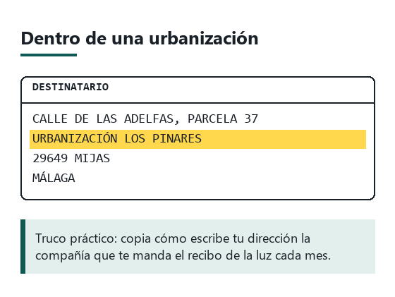 Etiqueta de ejemplo con el nombre de una urbanización en la línea de complemento y la calle interior con número de parcela