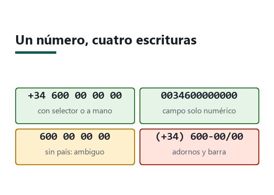 Cuatro formas de escribir el mismo móvil: dos correctas, con +34 y con 0034, y dos problemáticas