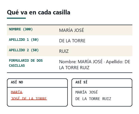 Tres casillas de formulario rellenas con un nombre compuesto y dos apellidos con partícula