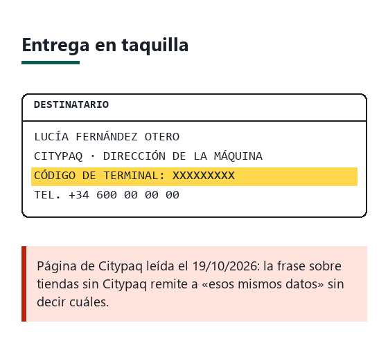 Esquema de una entrega en taquilla: nombre del destinatario, dirección de la máquina, código de terminal y móvil para recibir el aviso