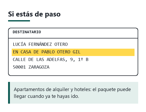 Etiqueta de ejemplo para una estancia temporal con el nombre del destinatario y la línea en casa de con el nombre del buzón