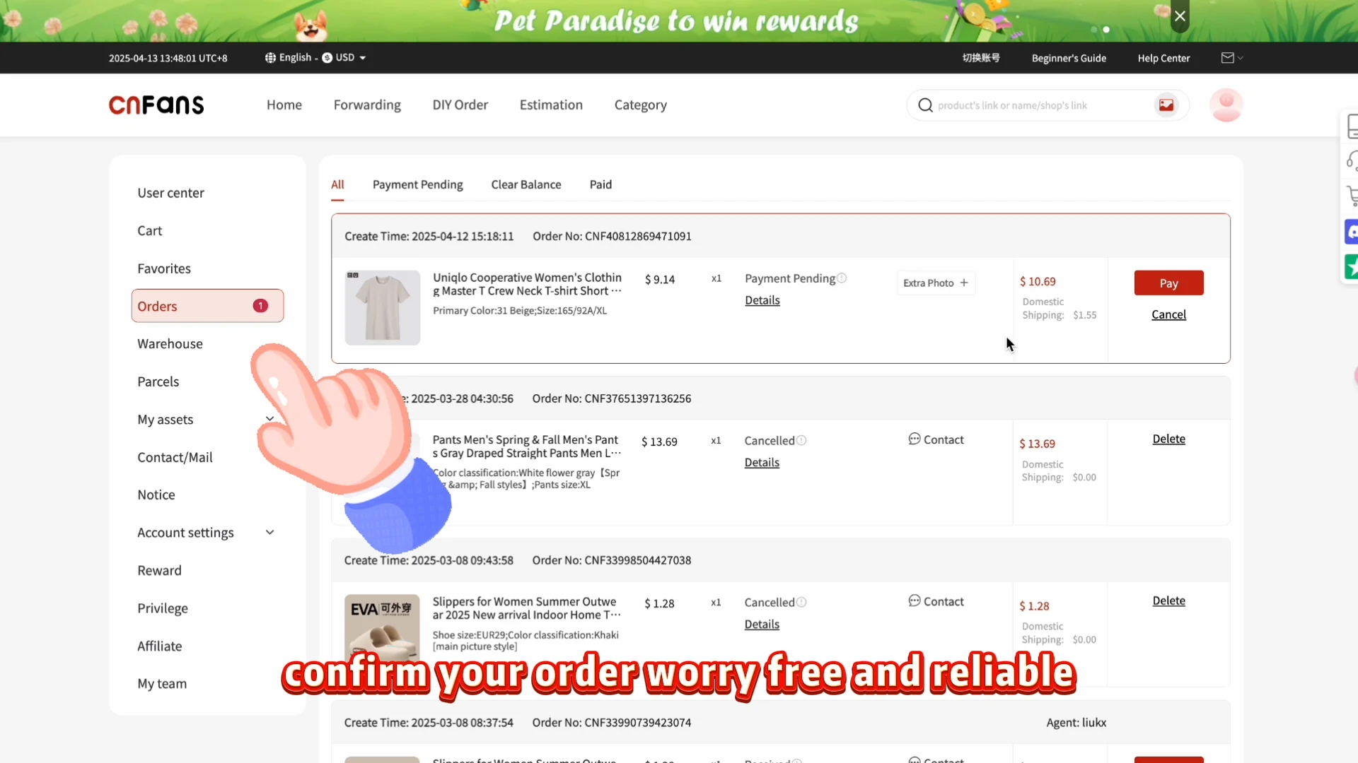 Pantalla histórica de Orders con ejemplos Payment Pending y Cancelled. No demuestra una compra completada.