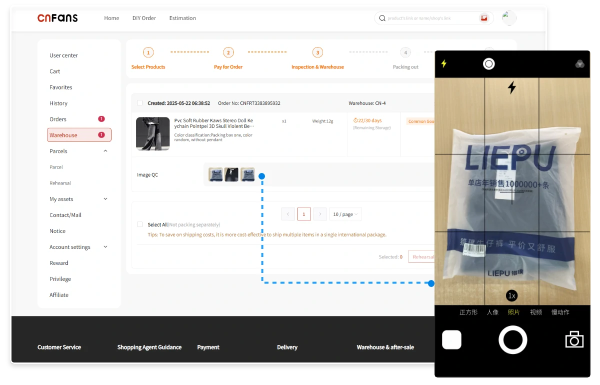 Interfaz histórica de Warehouse/QC con fotos de ejemplo. Muestra dónde consultar la evidencia, no confirma que el artículo sea el correcto.